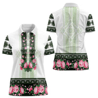 Green Romanian National Costume Women Polo Shirt Peony Flowers Traditional Folk Pattern - Wonder Print Shop