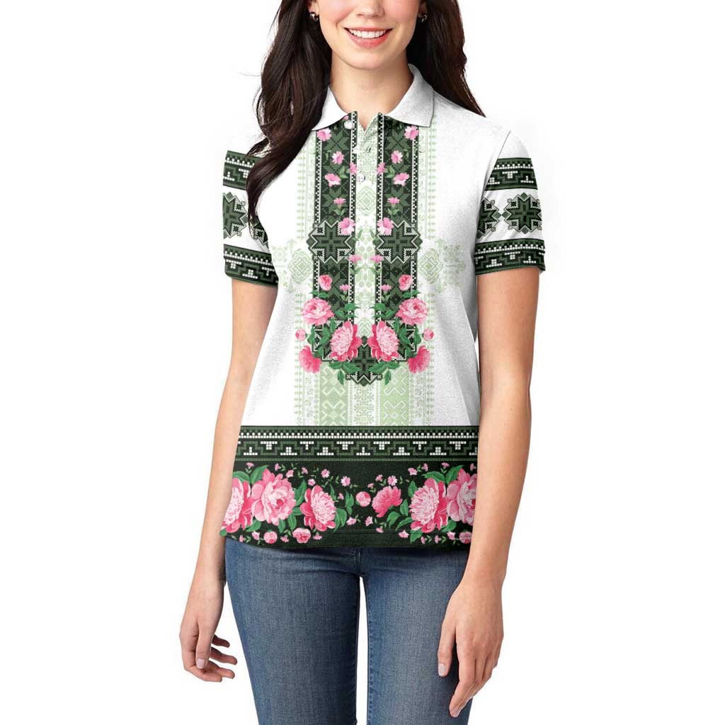 Green Romanian National Costume Women Polo Shirt Peony Flowers Traditional Folk Pattern - Wonder Print Shop