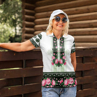 Green Romanian National Costume Women Polo Shirt Peony Flowers Traditional Folk Pattern - Wonder Print Shop