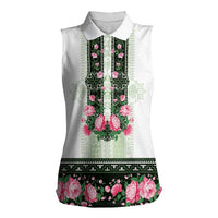 Green Romanian National Costume Women Sleeveless Polo Shirt Peony Flowers Traditional Folk Pattern - Wonder Print Shop