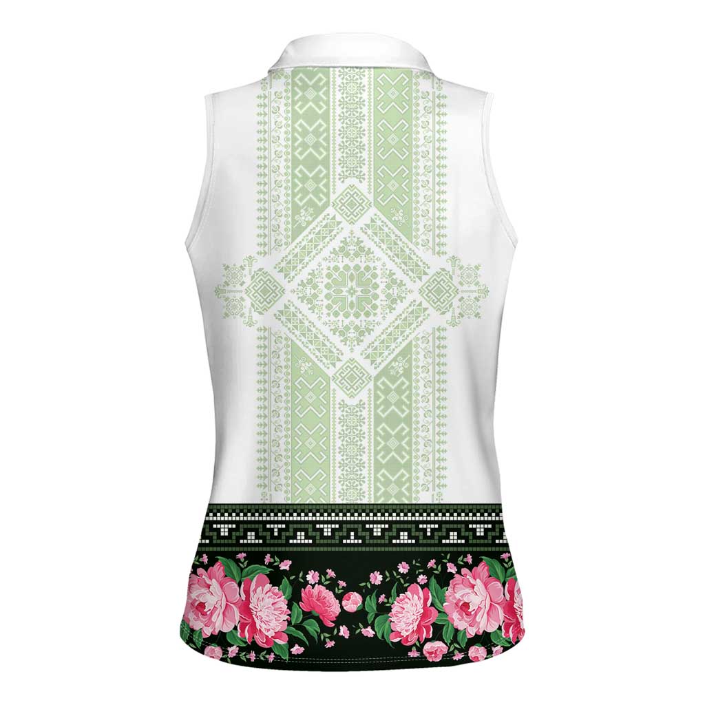 Green Romanian National Costume Women Sleeveless Polo Shirt Peony Flowers Traditional Folk Pattern - Wonder Print Shop