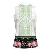 Green Romanian National Costume Women Sleeveless Polo Shirt Peony Flowers Traditional Folk Pattern - Wonder Print Shop