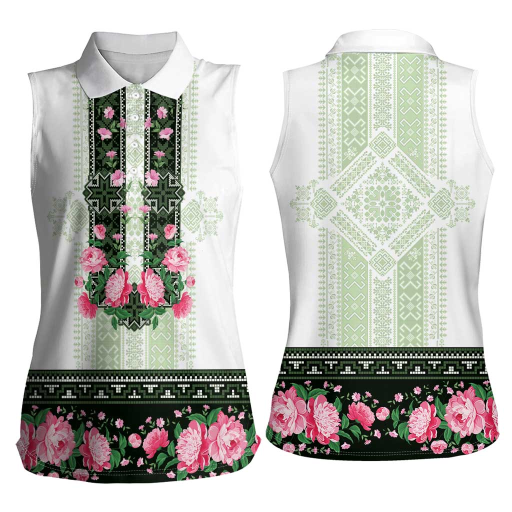 Green Romanian National Costume Women Sleeveless Polo Shirt Peony Flowers Traditional Folk Pattern - Wonder Print Shop