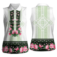 Green Romanian National Costume Women Sleeveless Polo Shirt Peony Flowers Traditional Folk Pattern - Wonder Print Shop