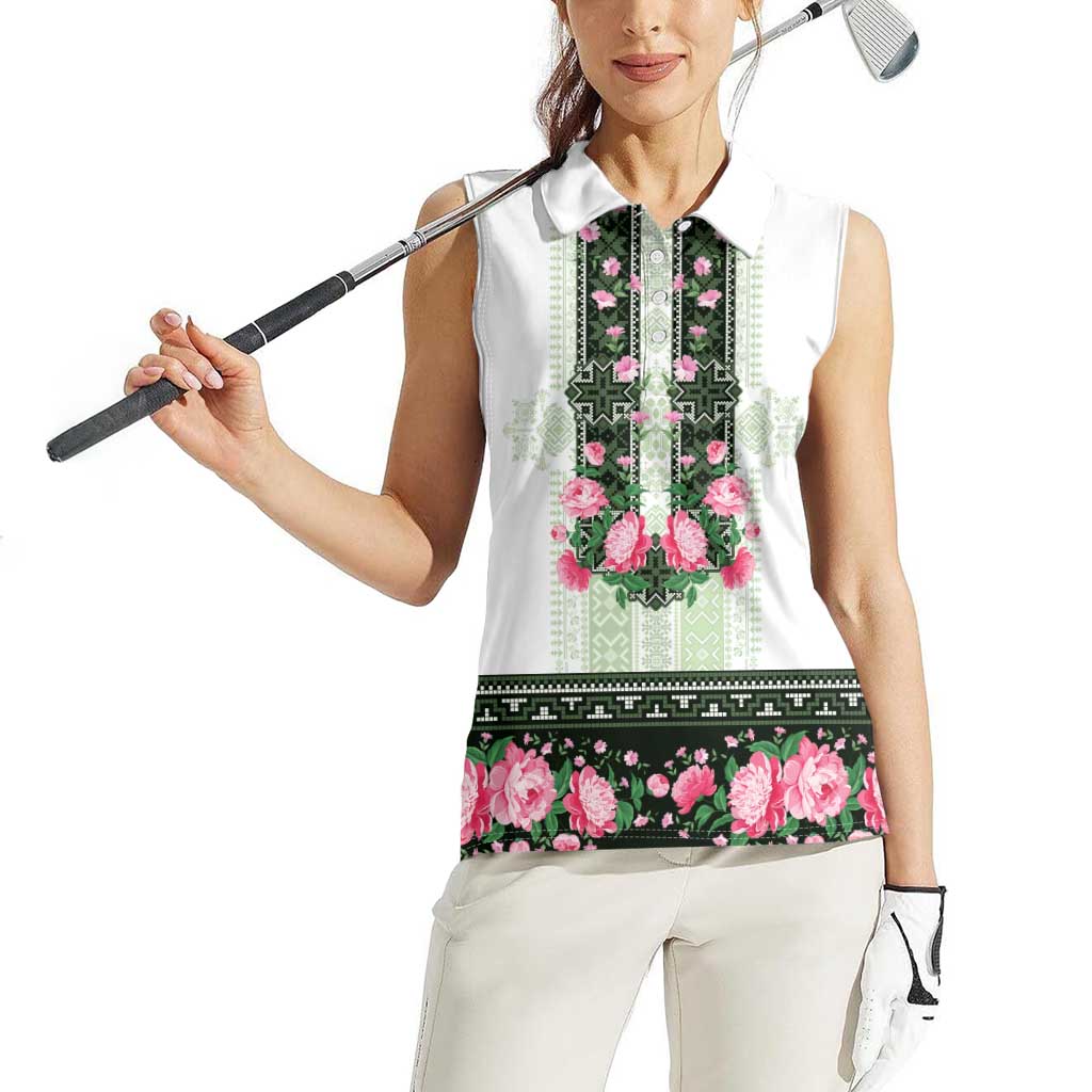 Green Romanian National Costume Women Sleeveless Polo Shirt Peony Flowers Traditional Folk Pattern - Wonder Print Shop