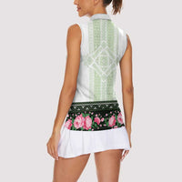 Green Romanian National Costume Women Sleeveless Polo Shirt Peony Flowers Traditional Folk Pattern - Wonder Print Shop