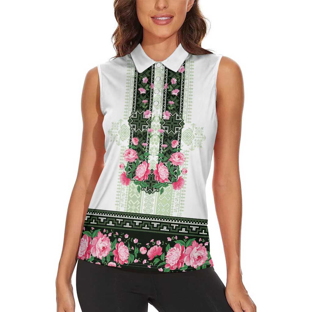 Green Romanian National Costume Women Sleeveless Polo Shirt Peony Flowers Traditional Folk Pattern - Wonder Print Shop