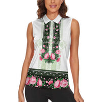 Green Romanian National Costume Women Sleeveless Polo Shirt Peony Flowers Traditional Folk Pattern - Wonder Print Shop