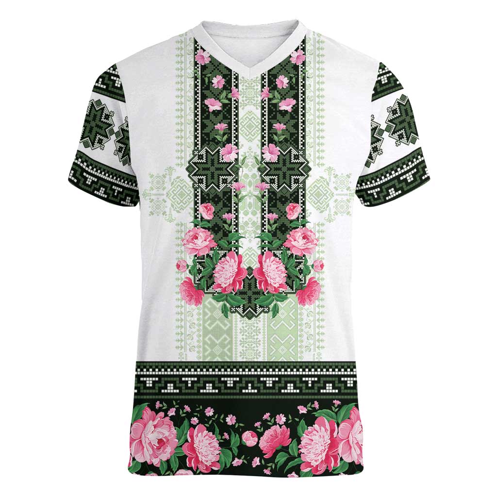 Green Romanian National Costume Women V-Neck T-Shirt Peony Flowers Traditional Folk Pattern - Wonder Print Shop