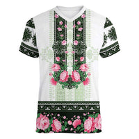 Green Romanian National Costume Women V-Neck T-Shirt Peony Flowers Traditional Folk Pattern - Wonder Print Shop