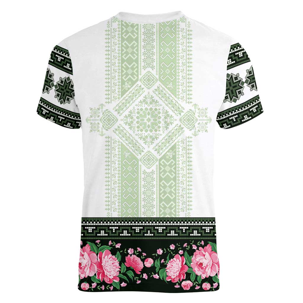 Green Romanian National Costume Women V-Neck T-Shirt Peony Flowers Traditional Folk Pattern - Wonder Print Shop