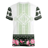 Green Romanian National Costume Women V-Neck T-Shirt Peony Flowers Traditional Folk Pattern - Wonder Print Shop