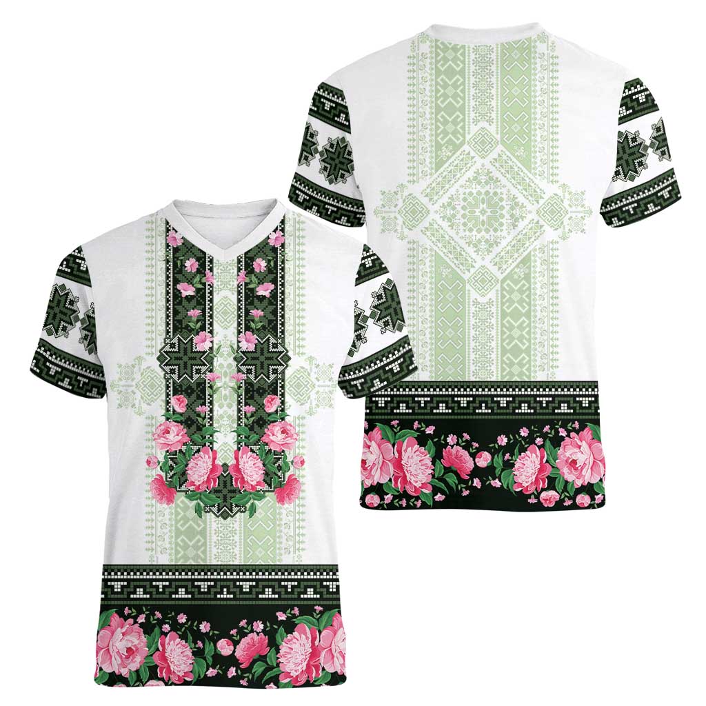 Green Romanian National Costume Women V-Neck T-Shirt Peony Flowers Traditional Folk Pattern - Wonder Print Shop