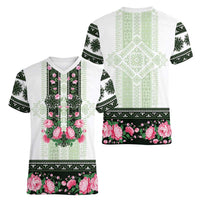 Green Romanian National Costume Women V-Neck T-Shirt Peony Flowers Traditional Folk Pattern - Wonder Print Shop