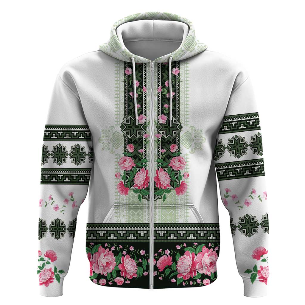 Green Romanian National Costume Zip Hoodie Peony Flowers Traditional Folk Pattern - Wonder Print Shop