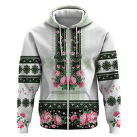 Green Romanian National Costume Zip Hoodie Peony Flowers Traditional Folk Pattern - Wonder Print Shop