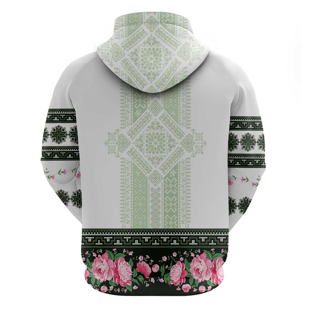 Green Romanian National Costume Zip Hoodie Peony Flowers Traditional Folk Pattern - Wonder Print Shop