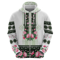 Green Romanian National Costume Zip Hoodie Peony Flowers Traditional Folk Pattern - Wonder Print Shop