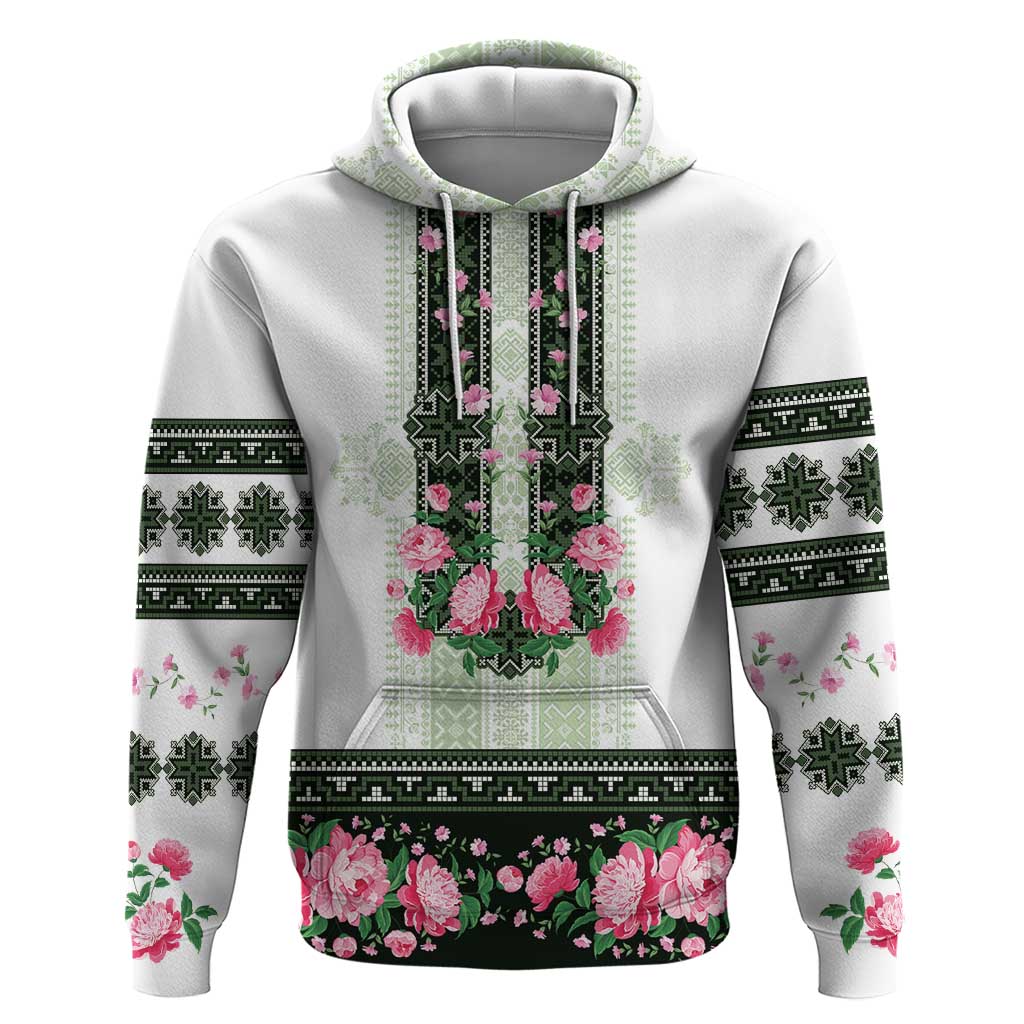 Green Romanian National Costume Zip Hoodie Peony Flowers Traditional Folk Pattern - Wonder Print Shop