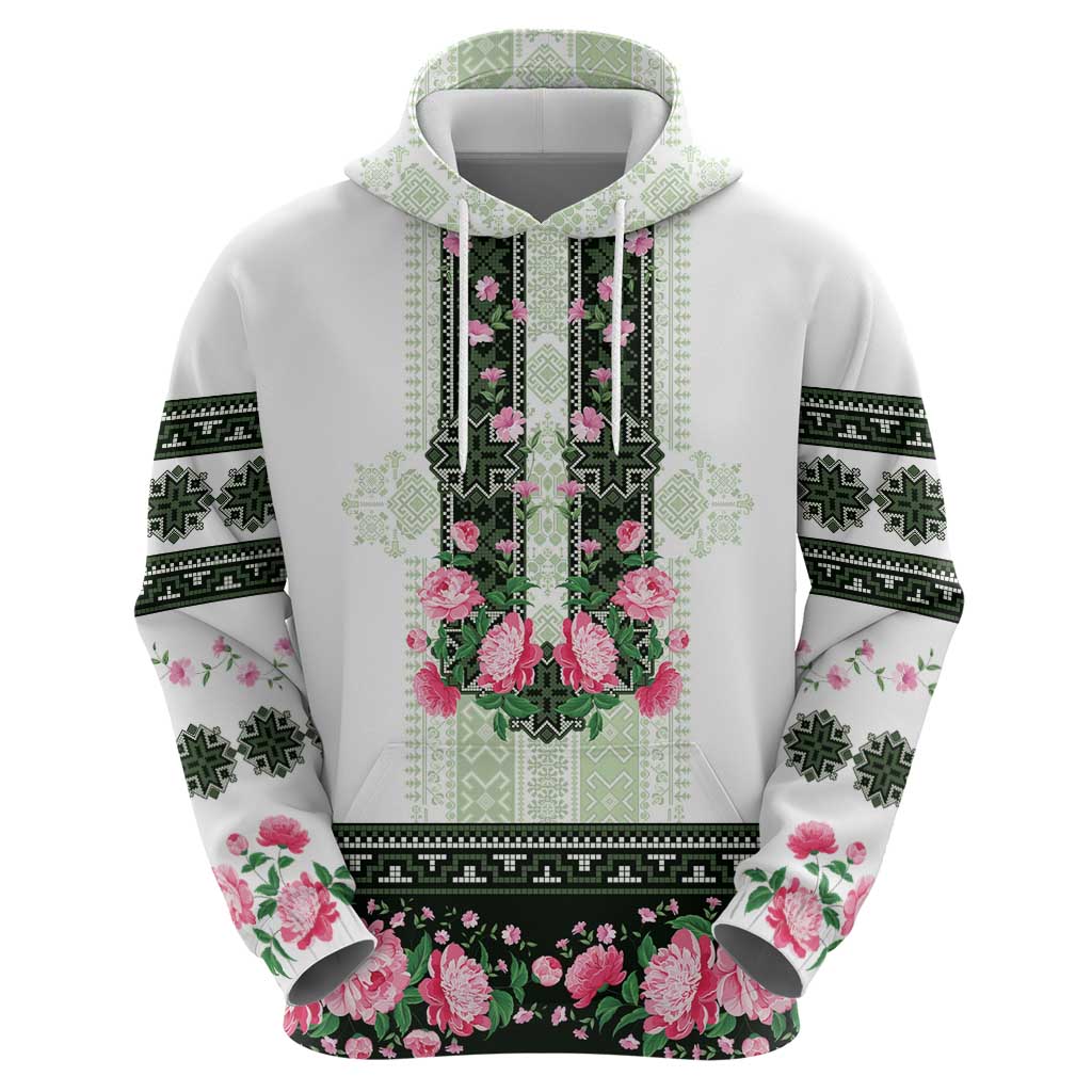 Green Romanian National Costume Zip Hoodie Peony Flowers Traditional Folk Pattern - Wonder Print Shop