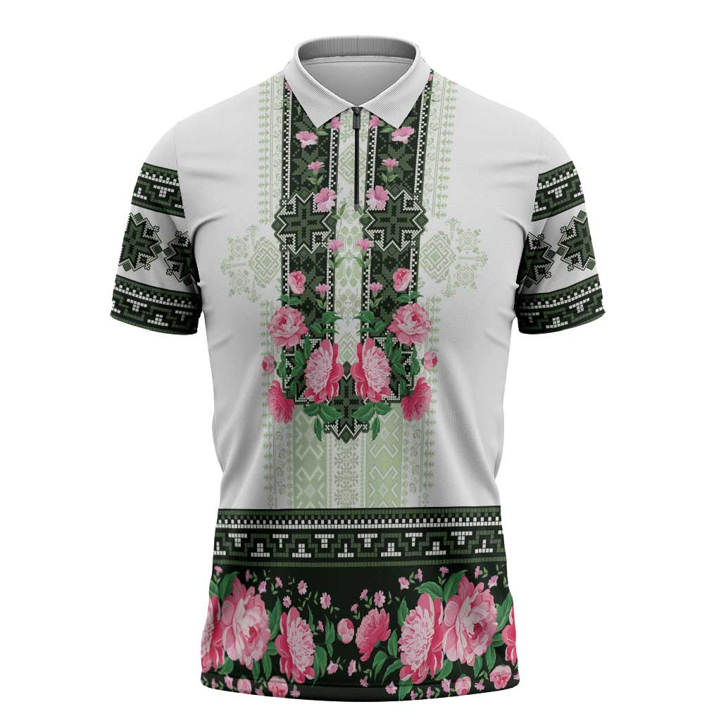 Green Romanian National Costume Zipper Polo Shirt Peony Flowers Traditional Folk Pattern - Wonder Print Shop