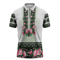 Green Romanian National Costume Zipper Polo Shirt Peony Flowers Traditional Folk Pattern - Wonder Print Shop