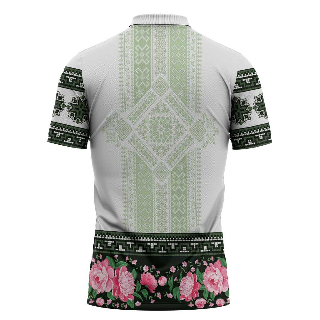 Green Romanian National Costume Zipper Polo Shirt Peony Flowers Traditional Folk Pattern - Wonder Print Shop
