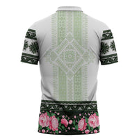 Green Romanian National Costume Zipper Polo Shirt Peony Flowers Traditional Folk Pattern - Wonder Print Shop