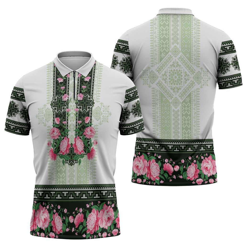 Green Romanian National Costume Zipper Polo Shirt Peony Flowers Traditional Folk Pattern - Wonder Print Shop