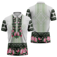 Green Romanian National Costume Zipper Polo Shirt Peony Flowers Traditional Folk Pattern - Wonder Print Shop