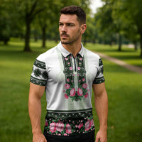Green Romanian National Costume Zipper Polo Shirt Peony Flowers Traditional Folk Pattern - Wonder Print Shop