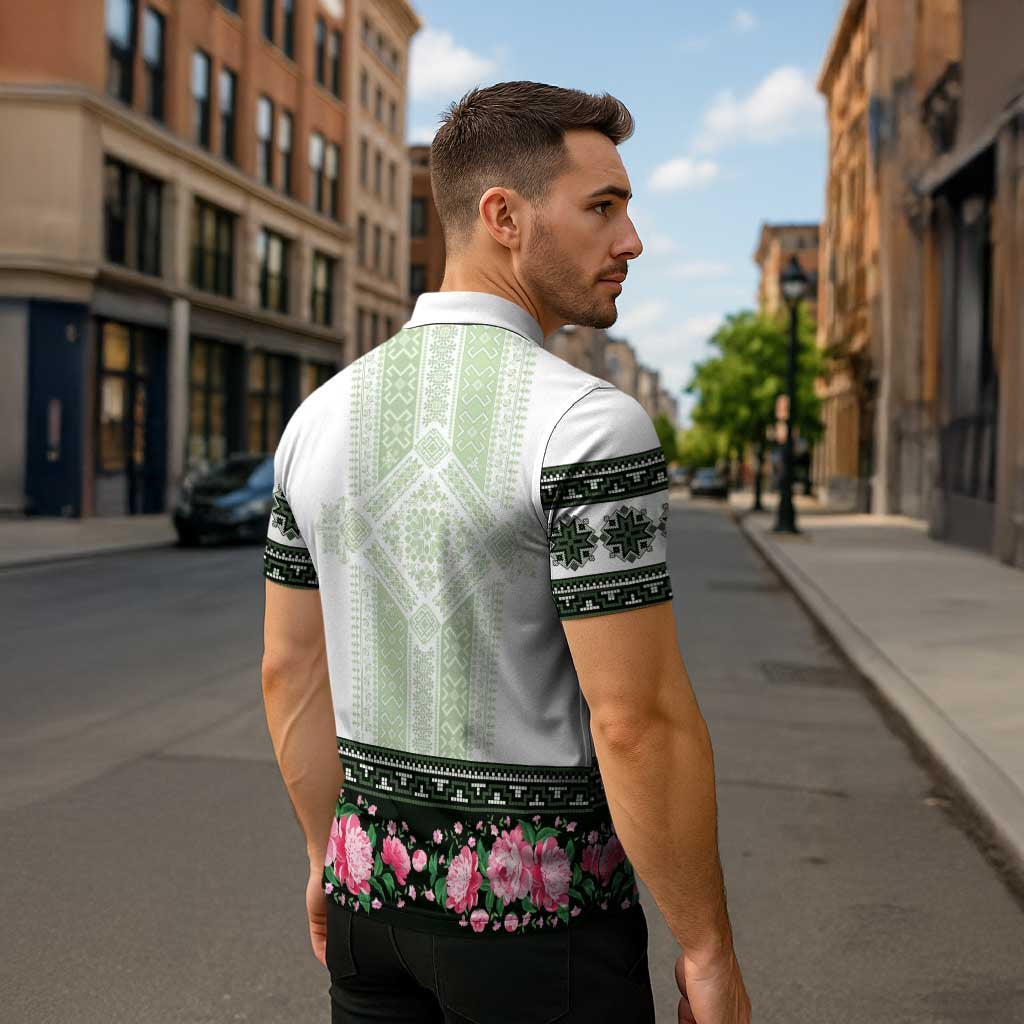 Green Romanian National Costume Zipper Polo Shirt Peony Flowers Traditional Folk Pattern - Wonder Print Shop