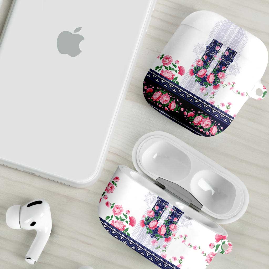 Navy Romanian National Costume AirPods Case Peony Flowers Traditional Folk Pattern - Wonder Print Shop