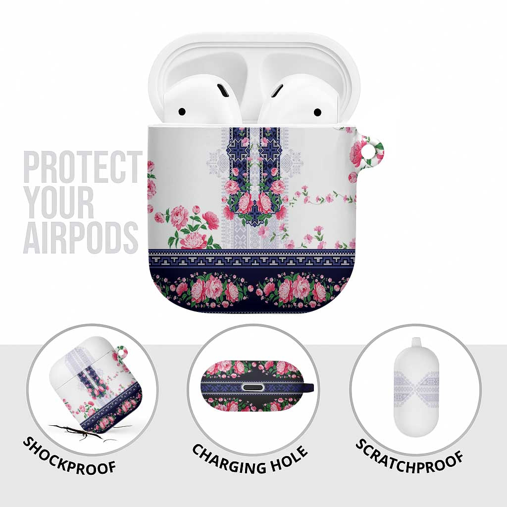 Navy Romanian National Costume AirPods Case Peony Flowers Traditional Folk Pattern - Wonder Print Shop