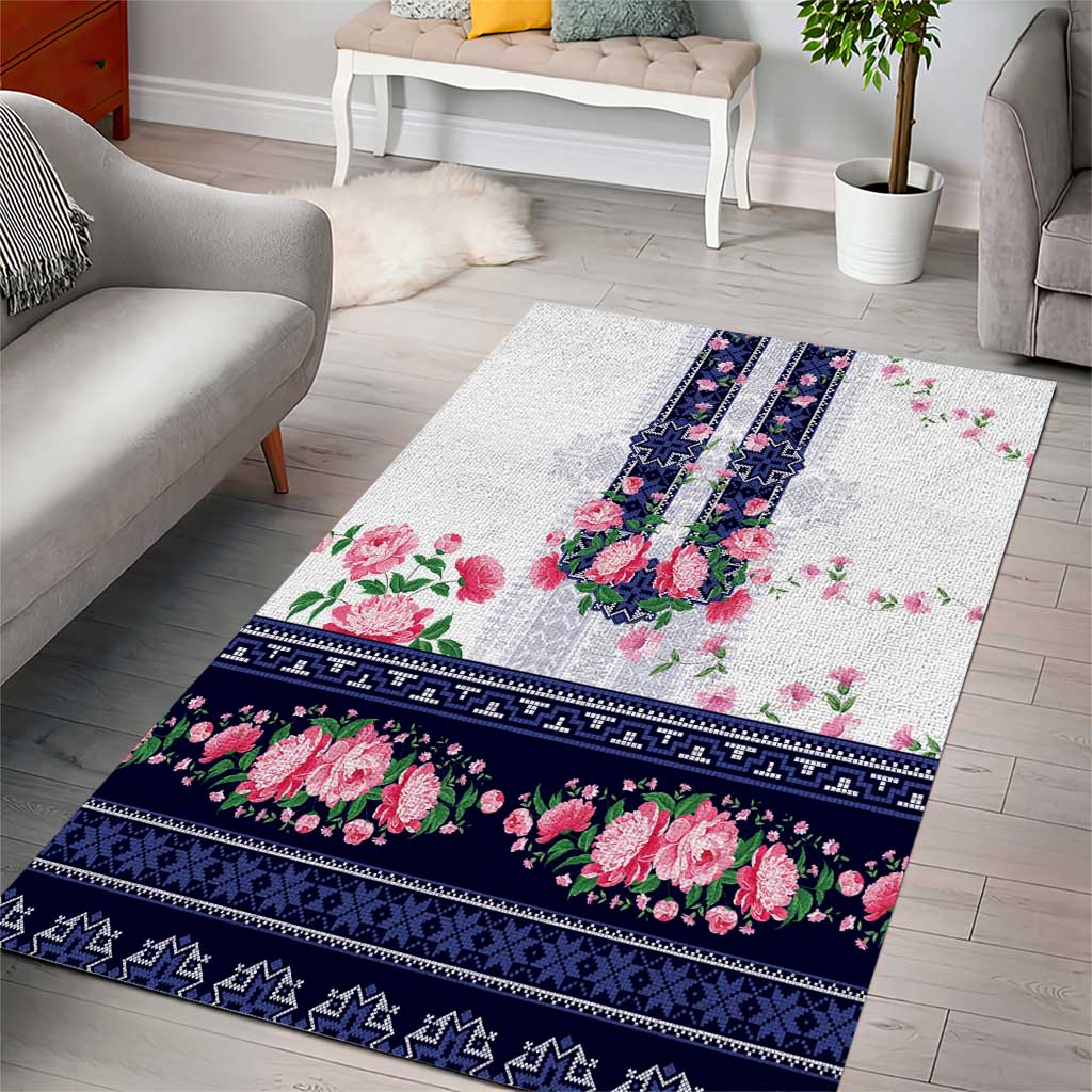 Navy Romanian National Costume Area Rug Peony Flowers Traditional Folk Pattern - Wonder Print Shop