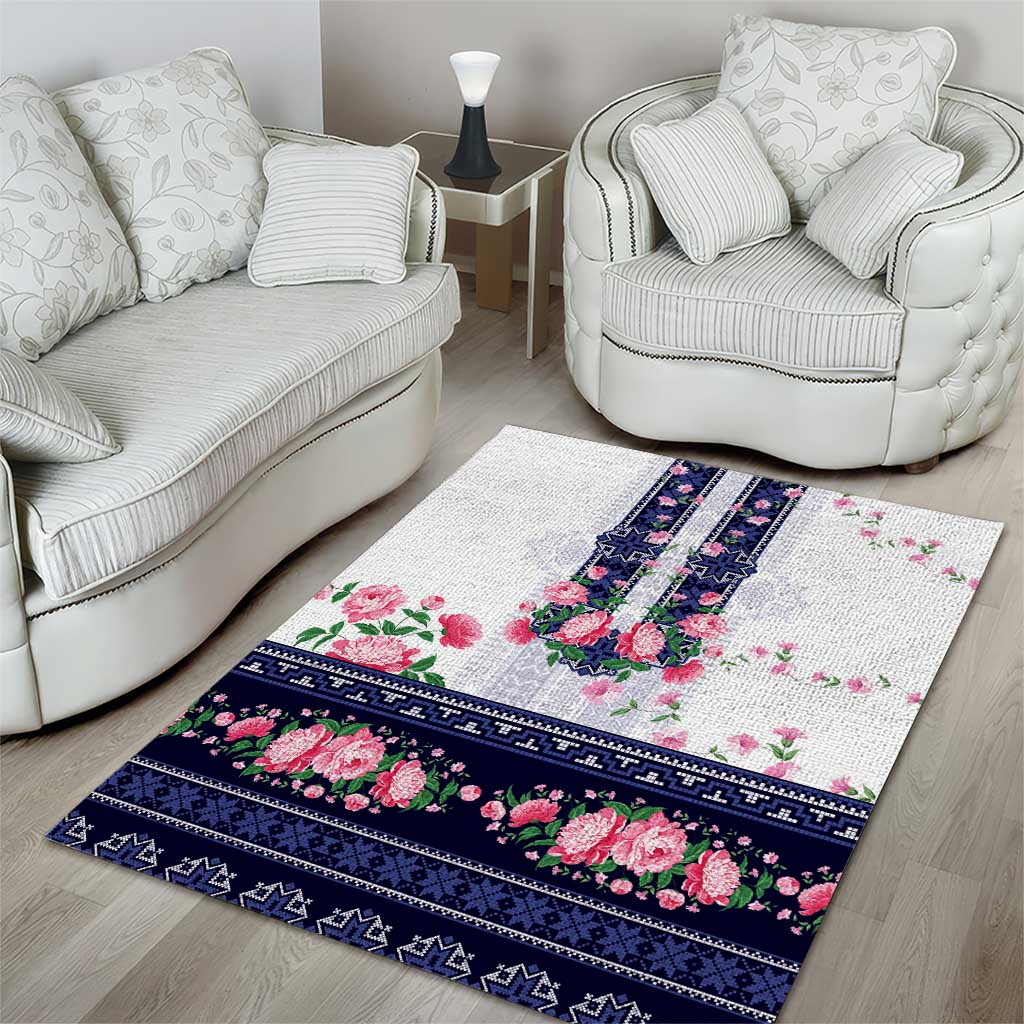 Navy Romanian National Costume Area Rug Peony Flowers Traditional Folk Pattern - Wonder Print Shop