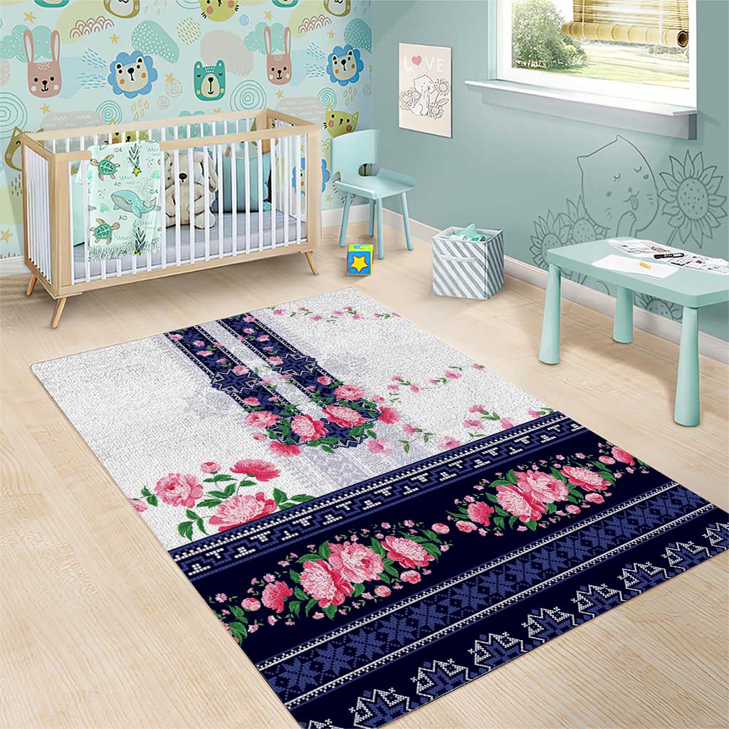 Navy Romanian National Costume Area Rug Peony Flowers Traditional Folk Pattern - Wonder Print Shop