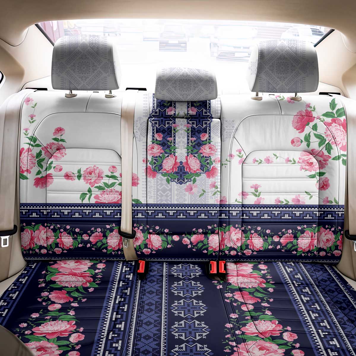 Navy Romanian National Costume Back Car Seat Cover Peony Flowers Traditional Folk Pattern - Wonder Print Shop