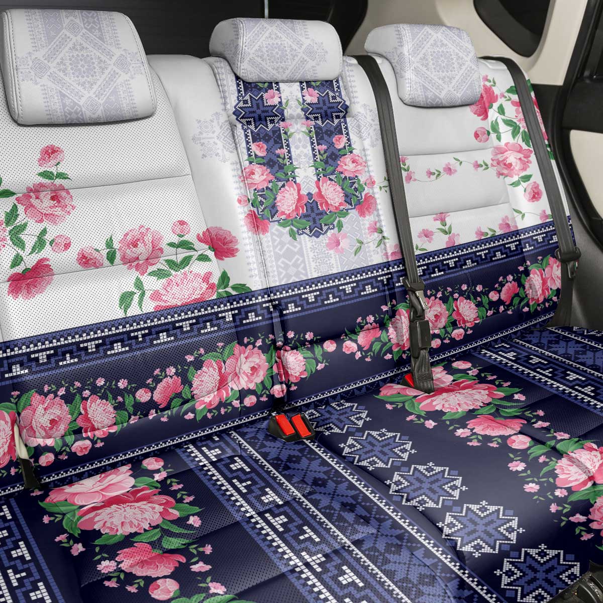 Navy Romanian National Costume Back Car Seat Cover Peony Flowers Traditional Folk Pattern - Wonder Print Shop