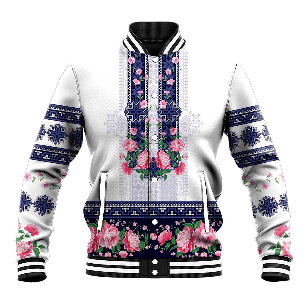 Navy Romanian National Costume Baseball Jacket Peony Flowers Traditional Folk Pattern - Wonder Print Shop