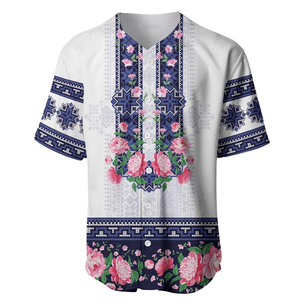 Navy Romanian National Costume Baseball Jersey Peony Flowers Traditional Folk Pattern - Wonder Print Shop