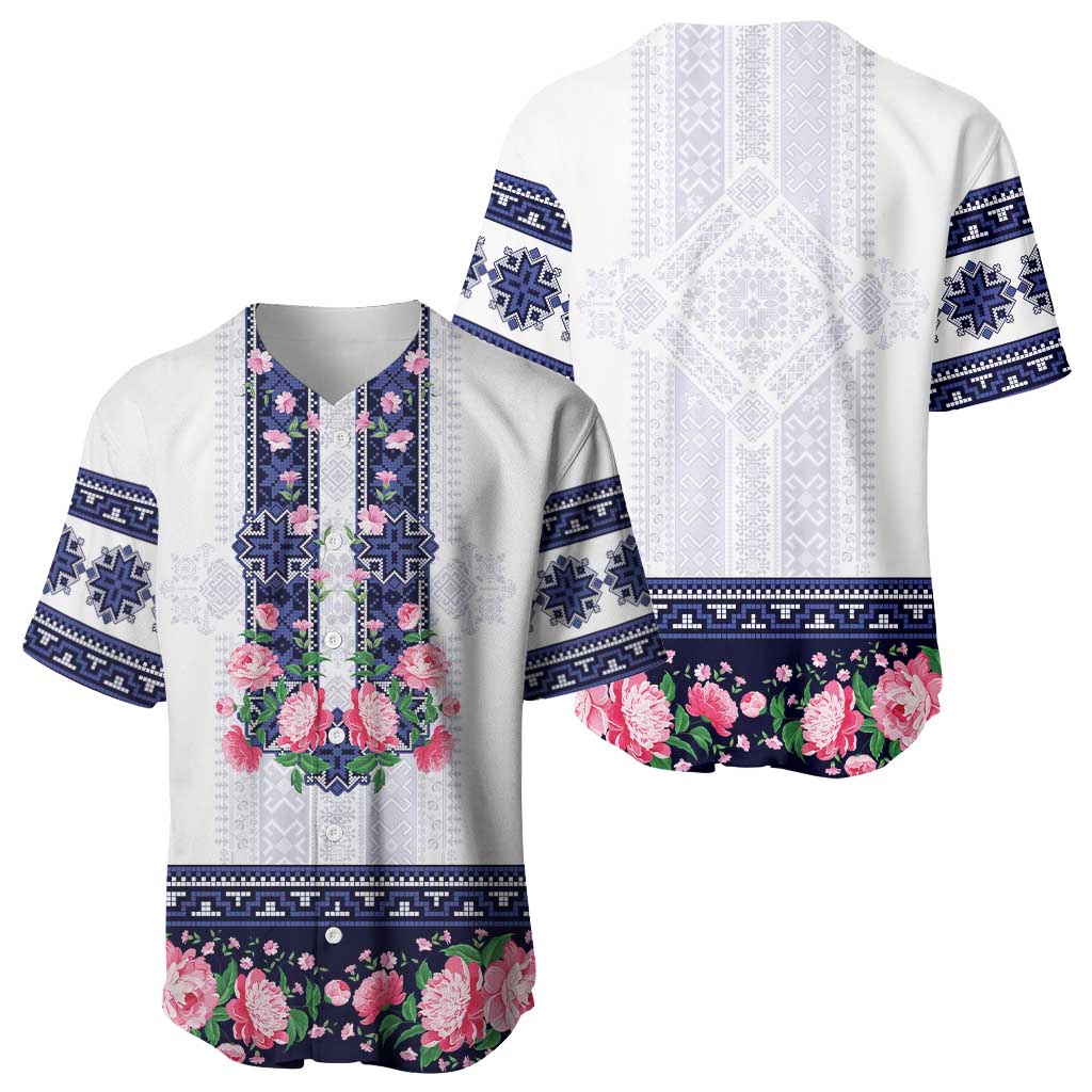 Navy Romanian National Costume Baseball Jersey Peony Flowers Traditional Folk Pattern - Wonder Print Shop