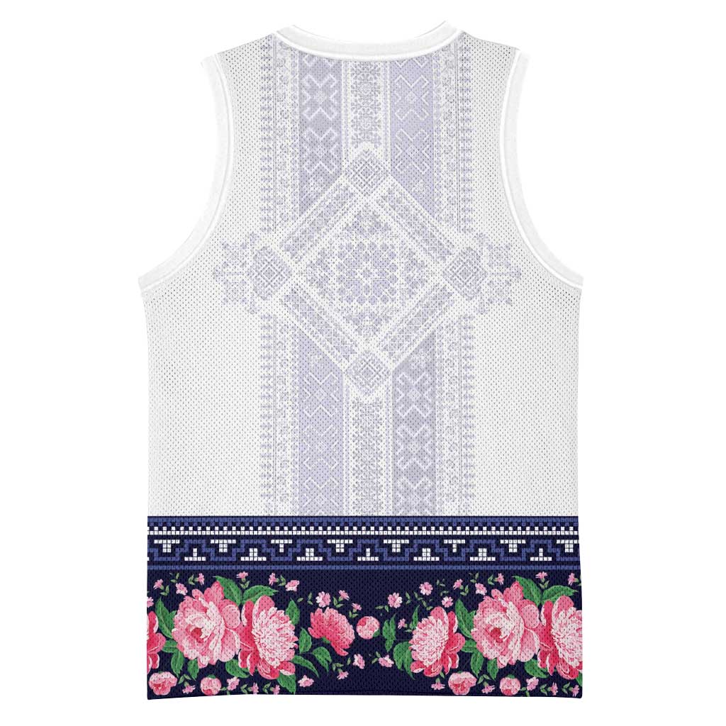 Navy Romanian National Costume Basketball Jersey Peony Flowers Traditional Folk Pattern - Wonder Print Shop