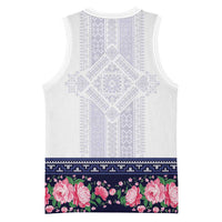 Navy Romanian National Costume Basketball Jersey Peony Flowers Traditional Folk Pattern - Wonder Print Shop