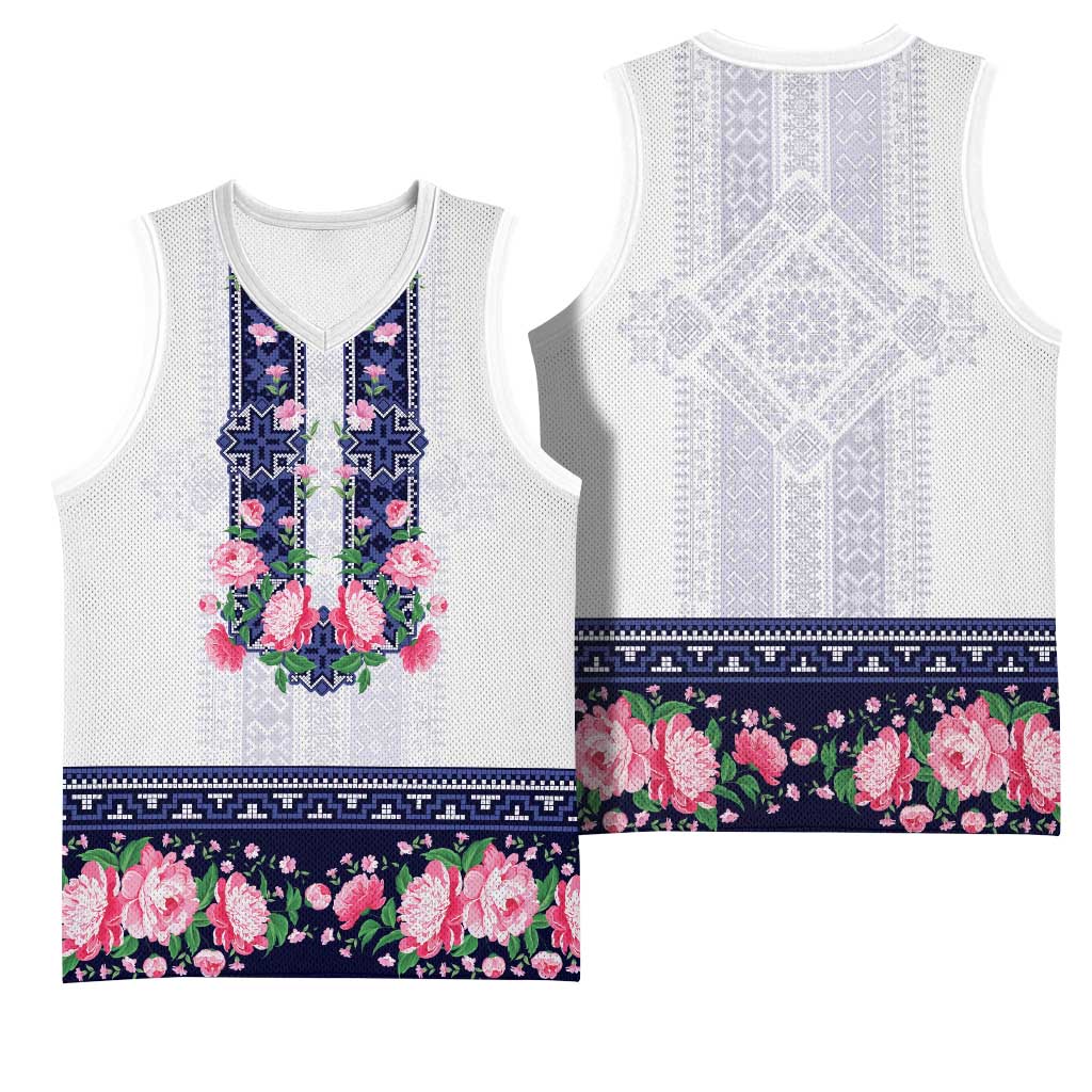 Navy Romanian National Costume Basketball Jersey Peony Flowers Traditional Folk Pattern - Wonder Print Shop