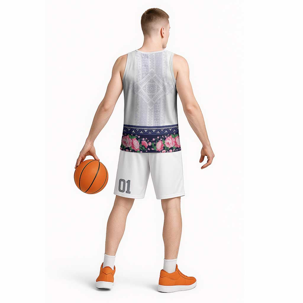 Navy Romanian National Costume Basketball Jersey Peony Flowers Traditional Folk Pattern - Wonder Print Shop
