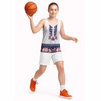 Navy Romanian National Costume Basketball Jersey Peony Flowers Traditional Folk Pattern - Wonder Print Shop