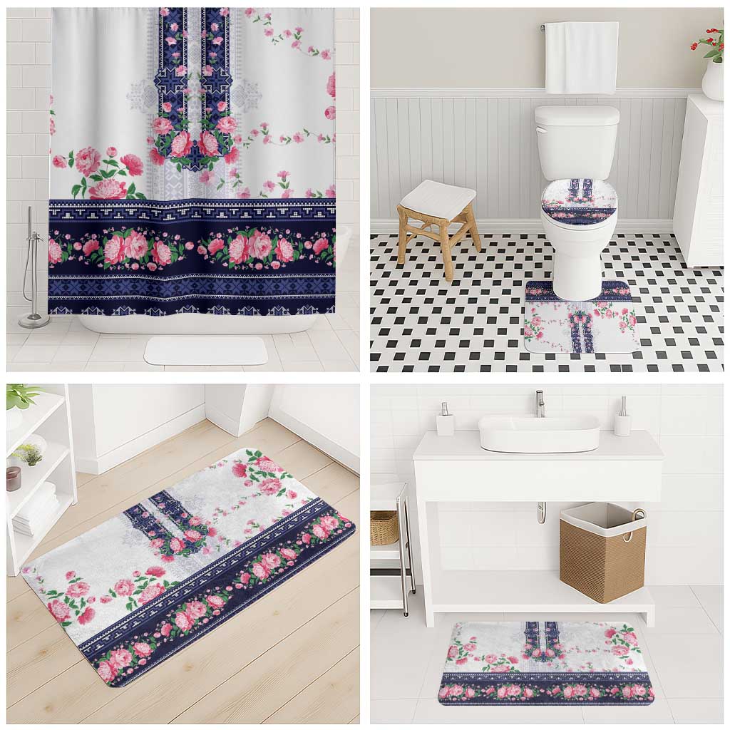 Navy Romanian National Costume Bathroom Set Peony Flowers Traditional Folk Pattern - Wonder Print Shop