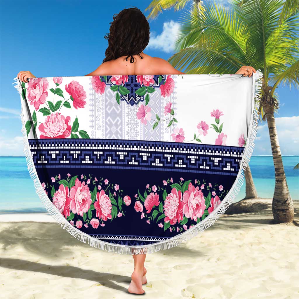 Navy Romanian National Costume Beach Blanket Peony Flowers Traditional Folk Pattern - Wonder Print Shop