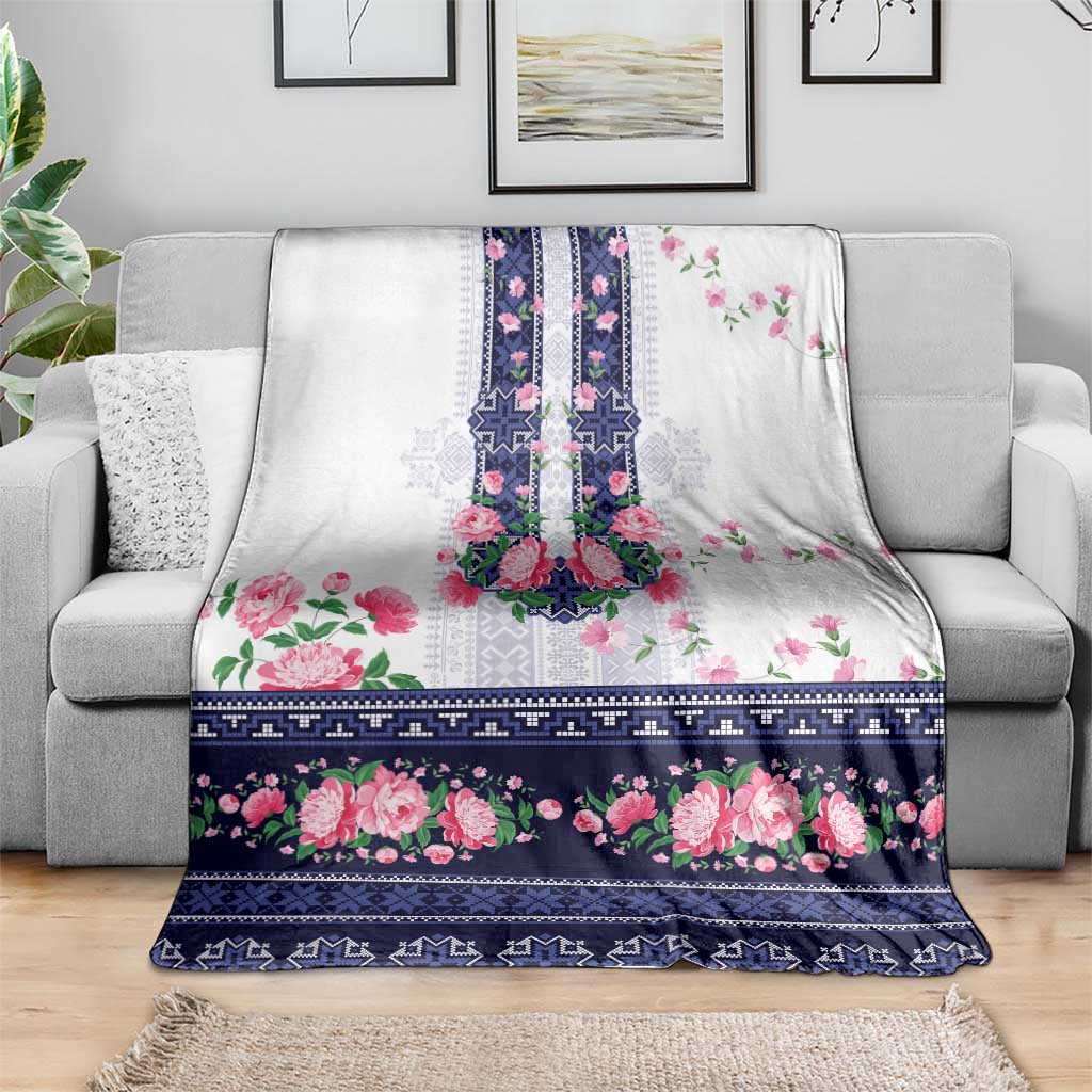 Navy Romanian National Costume Blanket Peony Flowers Traditional Folk Pattern - Wonder Print Shop